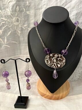 Purple Amethyst with Sterling Cherub  Pendant Necklace and Earrings Set
